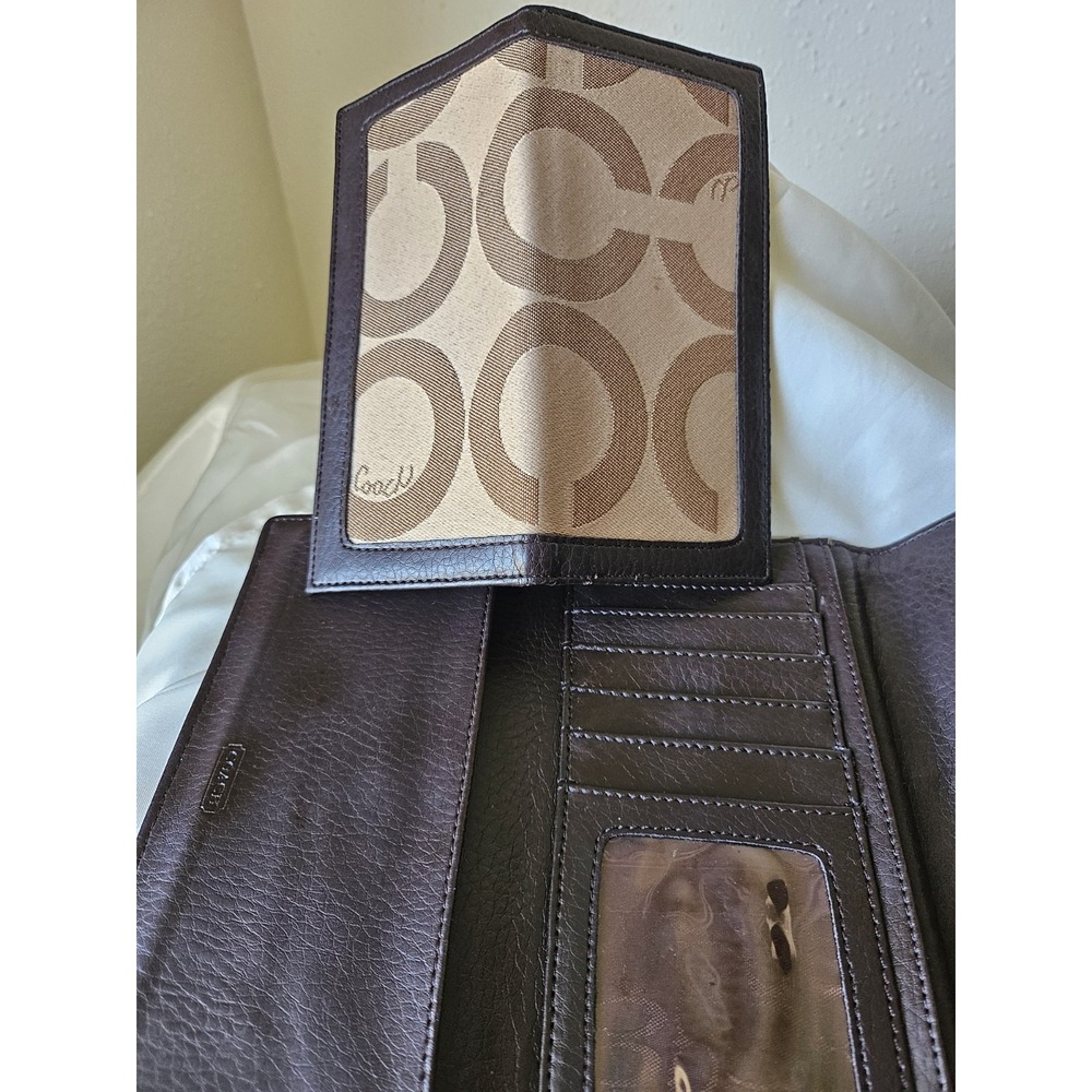 Coach Brown Leather Checkbook Wallet in Signature Canvas - Khaki and Tan - Picture 15 of 16